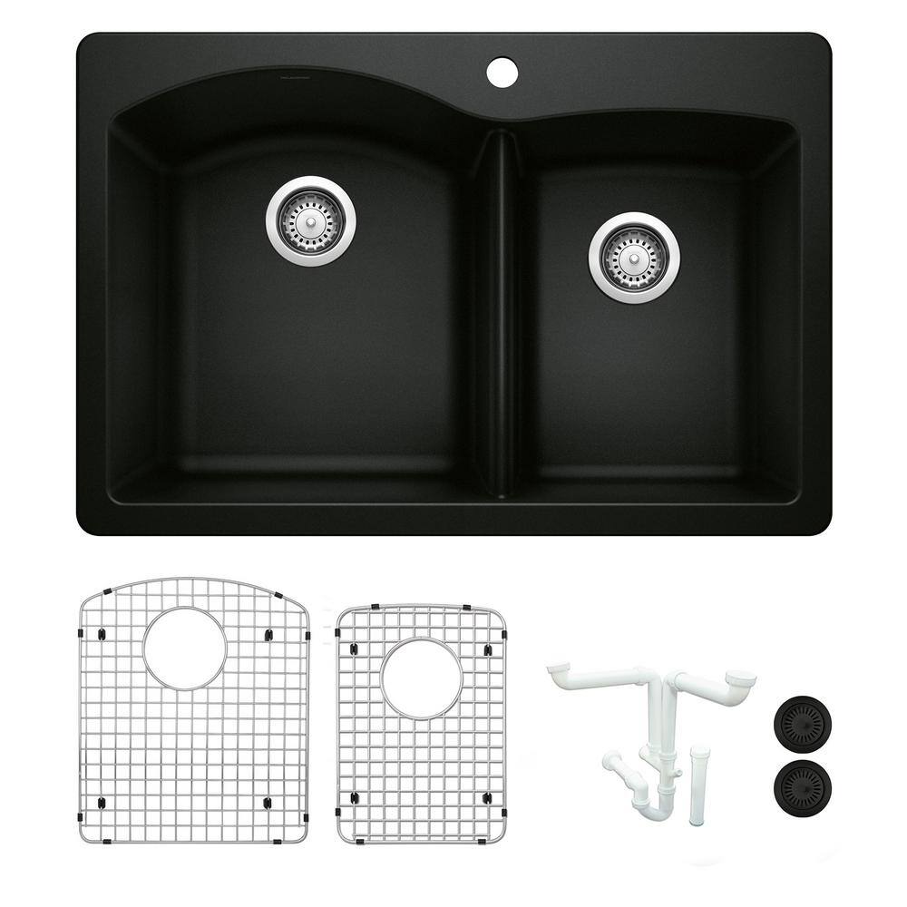 Diamond 33 in. Drop-in/Undermount Double Bowl Coal Black Granite Composite 