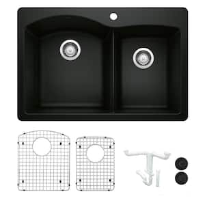 Diamond 33 in. Drop-in/Undermount Double Bowl Coal Black Granite Composite Kitchen Sink Kit with Accessories