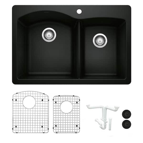 Blanco Diamond 33 in. Drop-in/Undermount Double Bowl Coal Black Granite Composite Kitchen Sink Kit with Accessories