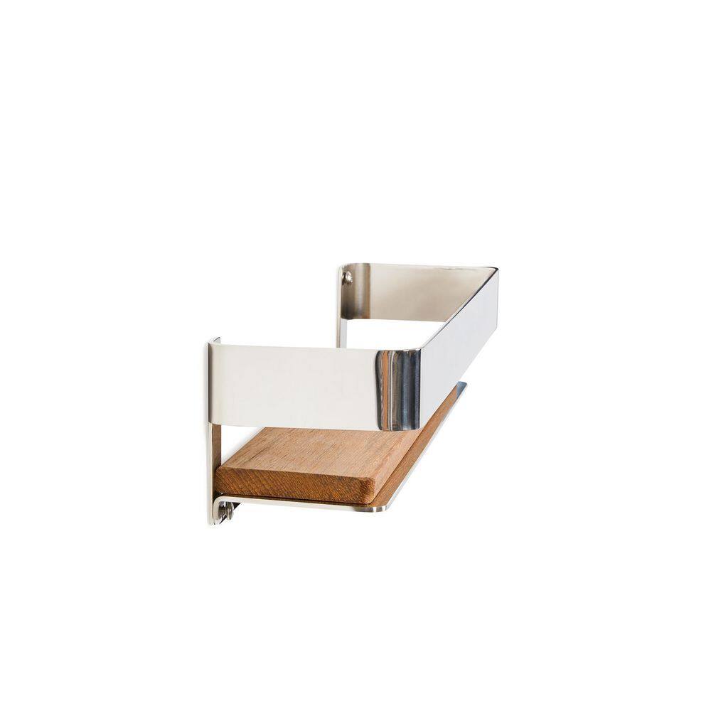 Polished Stainless Steel and Teak Wood Shower Shelf