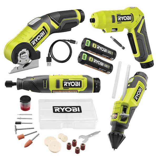 RYOBI USB Lithium 4-Tool Combo Kit with Screwdriver, Glue Pen, Rotary Tool, Power Cutter, (2) Batteries, and Charger