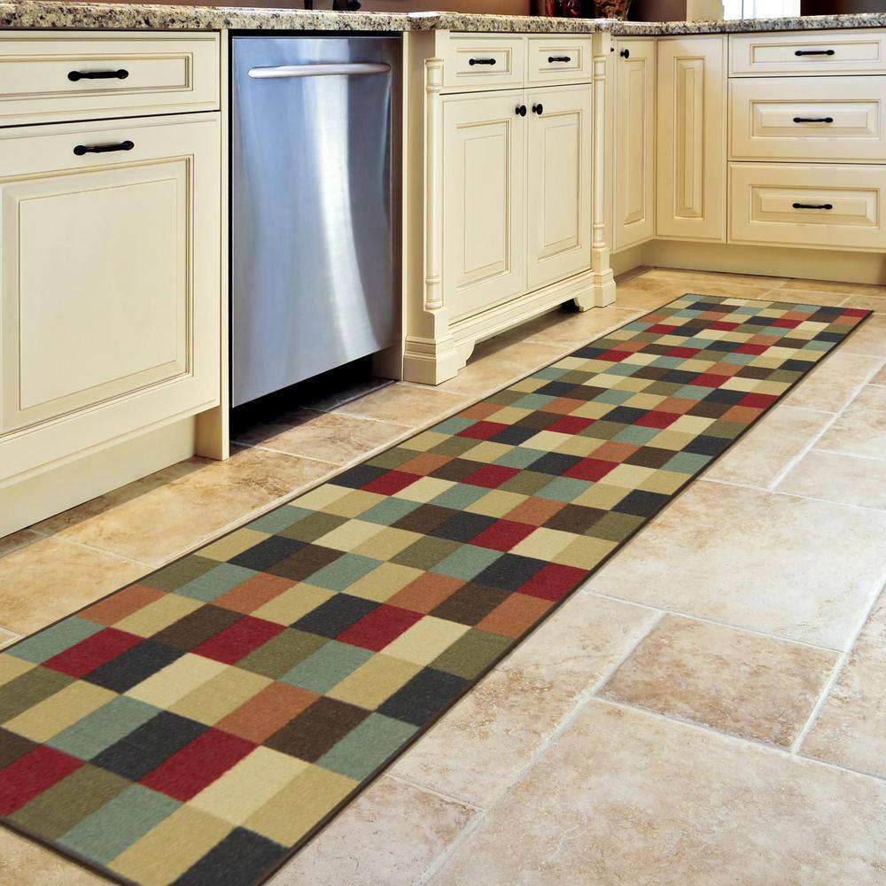 Multicolor Checkered Non-Slip Runner Rug with Rubber Backing