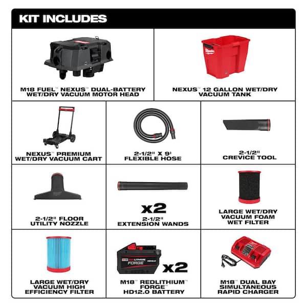 M18 FUEL 12 Gal. Cordless Dual-Battery Wet/Dry Shop Vac Kit with Extra High Efficiency Filter and Wet Foam Filter