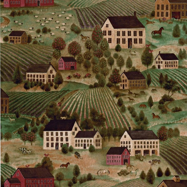 The Wallpaper Company 8 in. x 10 in. Green Folk Country Scenic Wallpaper Sample