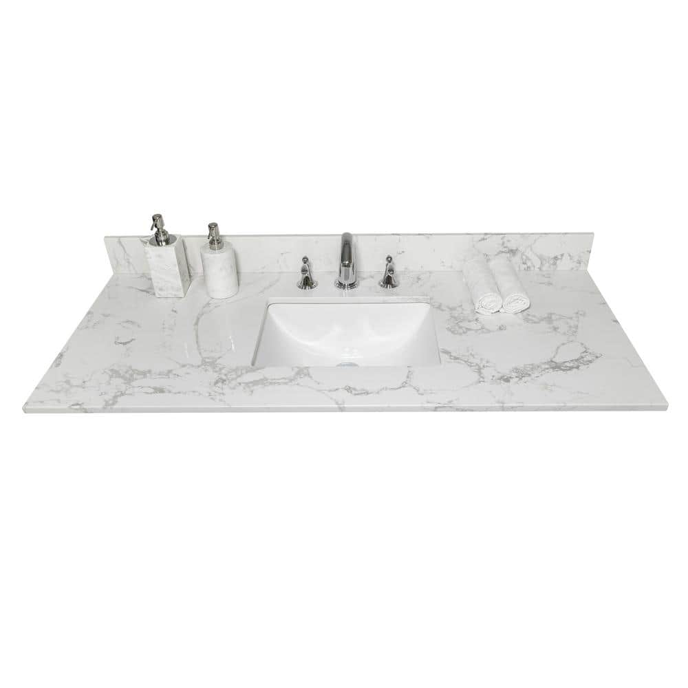White Engineered Marble Carrara Bathroom Vanity Top with Rectangle Undermou