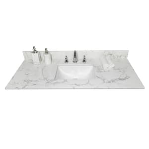 White Engineered Marble Carrara Bathroom Vanity Top with Rectangle Undermount Ceramic Sink and Faucet Holes, Backsplash