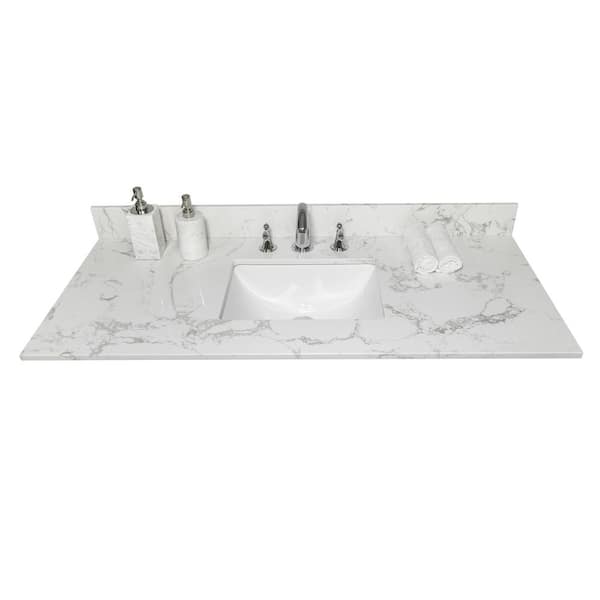 Aoibox White Engineered Marble Carrara Bathroom Vanity Top with Rectangle Undermount Ceramic Sink and Faucet Holes, Backsplash