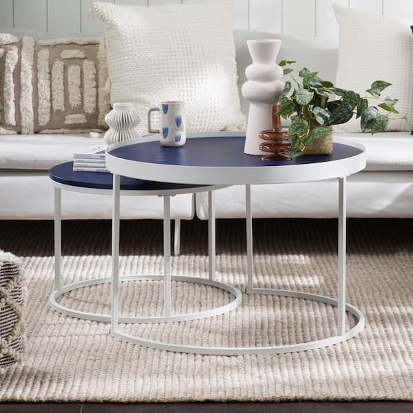 Walker Edison Furniture Company Contemporary 2-Piece 30 in. Blue Round MDF Nesting Coffee Table with Metal Base