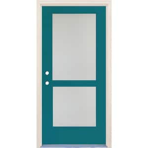 36 in. x 80 in. Right-Hand/Inswing 2 Lite Satin Etch Glass Reef Painted Fiberglass Prehung Front Door with 4-9/16" Frame