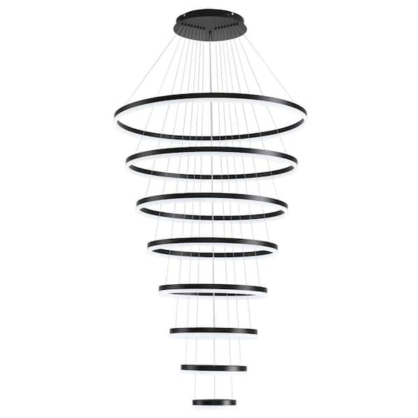 Modern Chandelier, 8 Ring Dimmable Integrated LED Black Chandelier for High Ceiling Chandelier for Entryway