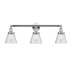 Cone 30 in. 3-Light Polished Chrome Vanity Light with Seedy Glass Shade