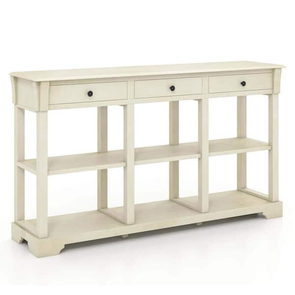 Costway 58 in. White Rectangle Wood Console Table with 3 Drawers & Open Shelves White