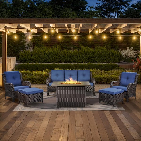 6-Piece Brown Wicker Outdoor Patio Rectangular Fire Pit Conversation Set with Blue Cushions and Ottomans