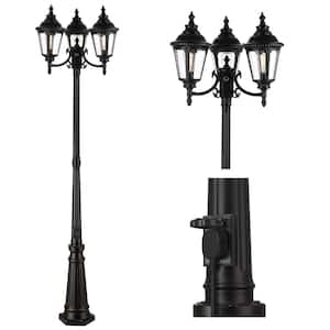 3-Light Black Aluminum Dusk to Dawn Hardwired Outdoor Weather Resistant Post Light Set with No Bulb Included