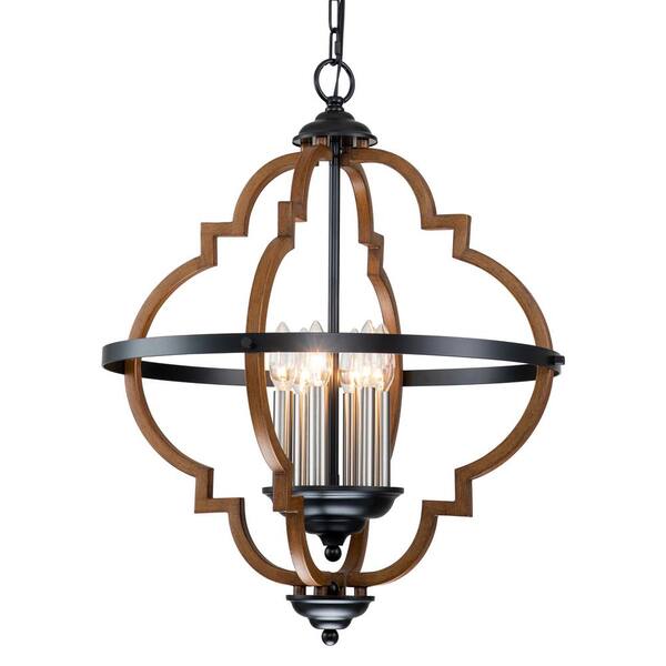 C Cattleya 6-Lights Matte Black and Woodgrain Candle Chandelier