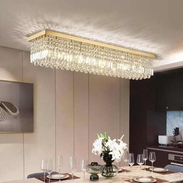 WDETR 47 in. Modern 10-Lights Gold Rectangle Crystal Ceiling Light Fixture Flush Mount Light Chandelier