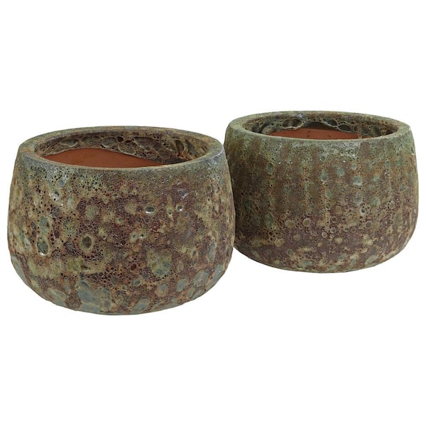 Sunnydaze 12 in. (30.48 cm) Round Lava Finish Ceramic Planter - Green Distressed Ceramic - (Set of 2)