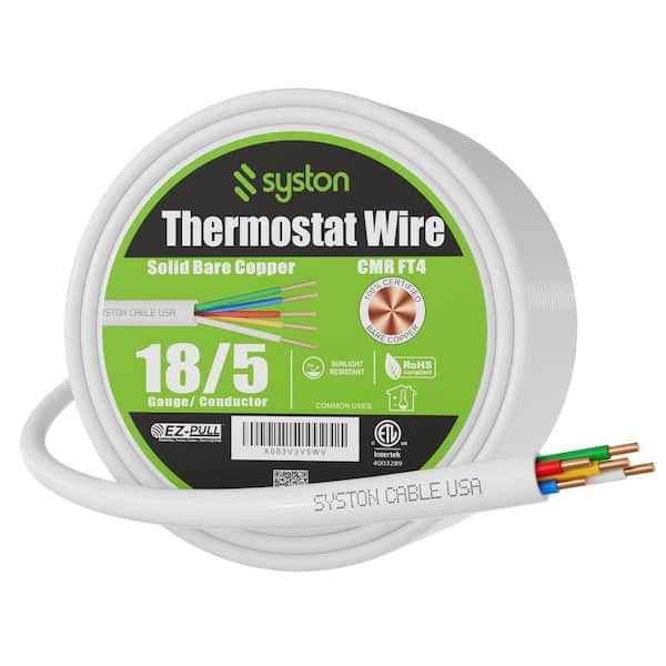 50 ft. 18/5 White Solid Bare Copper CMR/CL3R Thermostat Wire UL/ETL Listed, UV Resistant