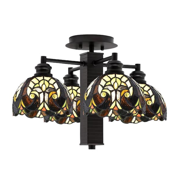 Unbranded Albany 18.25 in. 4-Light Espresso Semi-Flush with Ivory Cypress Art Glass Shades