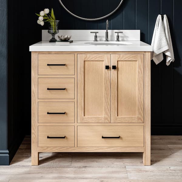 Cambridge 36 in. W x 22 in. D x 36 in. H Single Freestanding Bath Vanity in Oak with Pure White Quartz Top