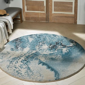 Maxell Ivory/Teal 5 ft. x 5 ft. Abstract Contemporary Round Area Rug