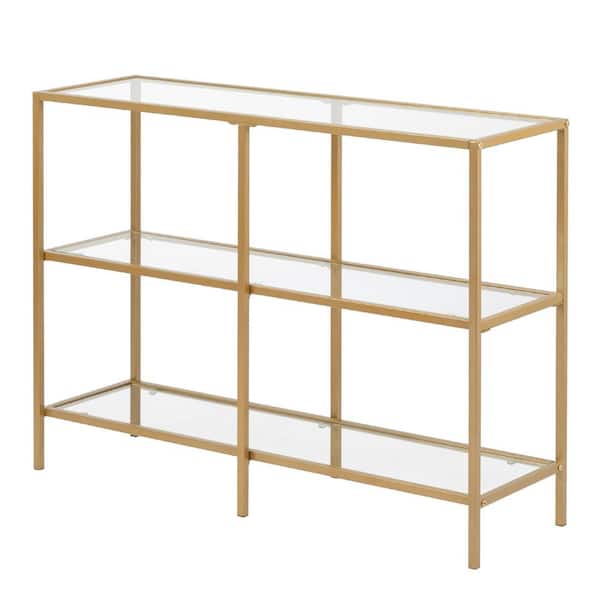 Karl home 39.38 in. Clear and Gold Rectangle Glass Metal Frame Console Table with 2 Shelves