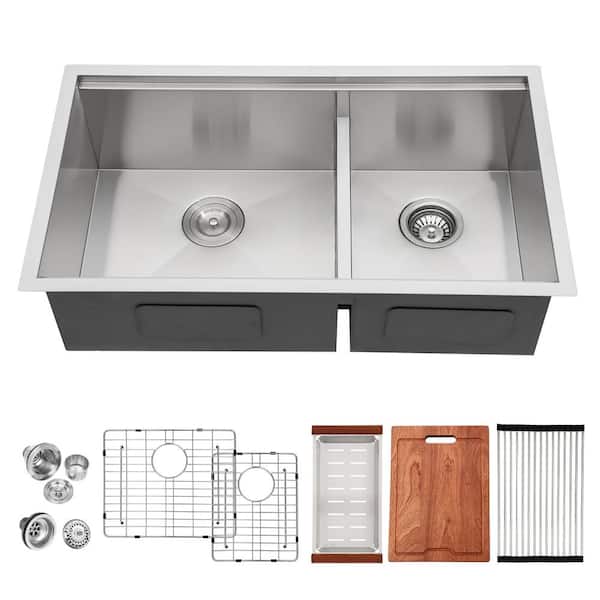 Sarlai 33 in. Low-Divide Undermount 60/40 Double Bowl 16-Gauge Workstation Stainless Steel Kitchen Sink with Bottom Grids