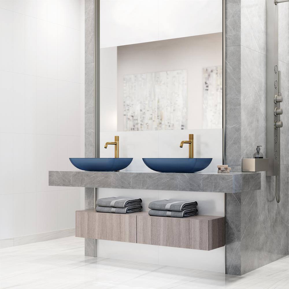 Matte Brushed Gold and Blue Glass Rectangular Vessel Sink Set