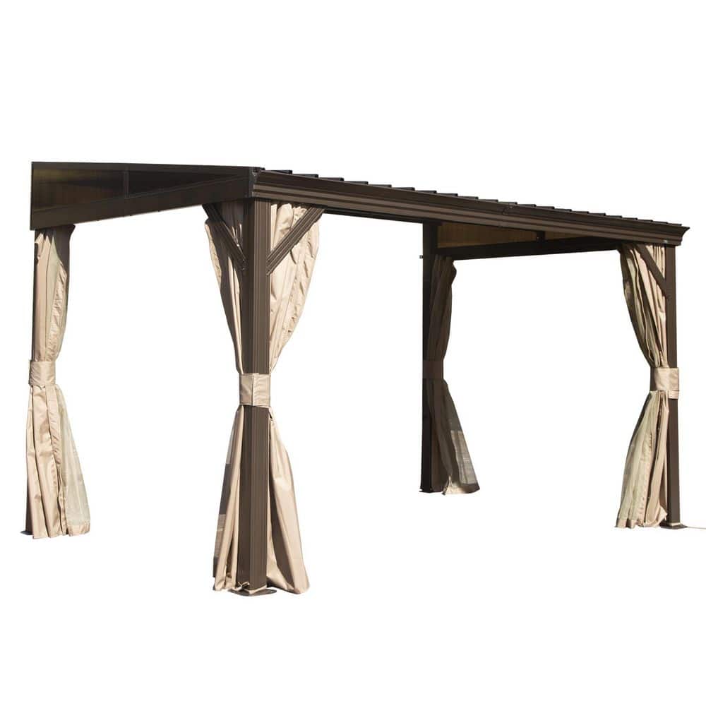 8' x 12' Brown Aluminum Wall-Mounted Patio Gazebo with Curtains
