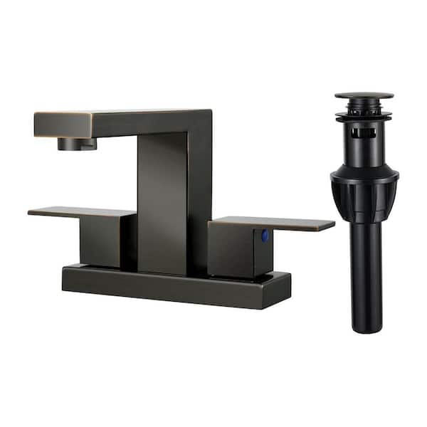 Zalerock Minimalist 4 in. Centerset Double Handle Low Arc Bathroom Faucet with Drain kit Included in Oil Rubbed Bronze