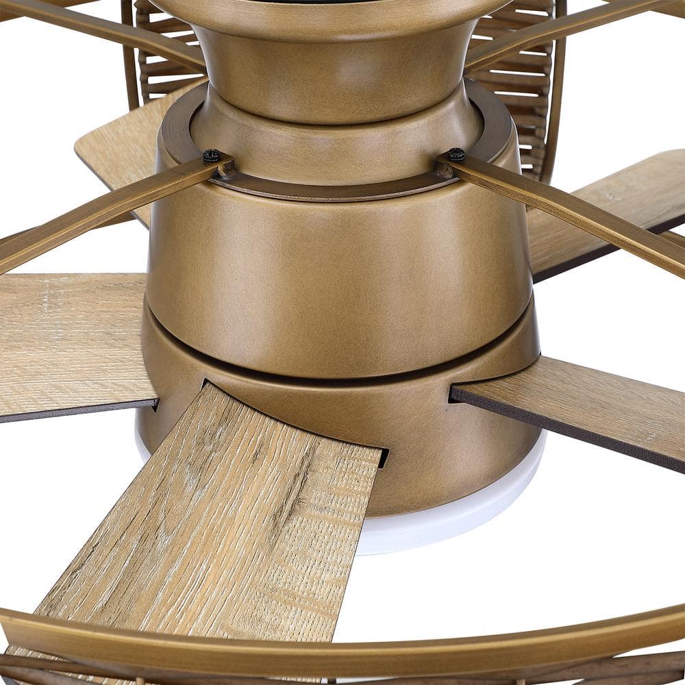 Natural Brass Rattan Flush Mount Ceiling Fan with LED Light and Remote