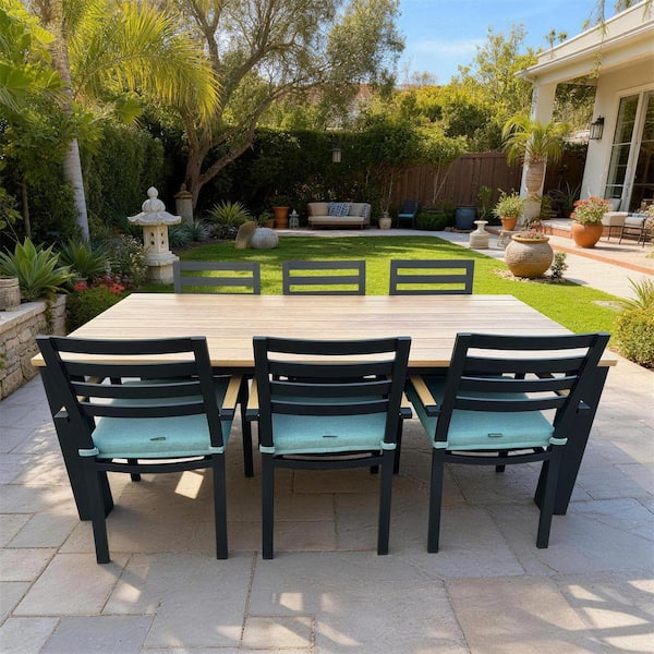 Lakehouse 7-Piece Black Aluminum Outdoor Dining Set with Rectangular Table and Cast Breeze Cushions