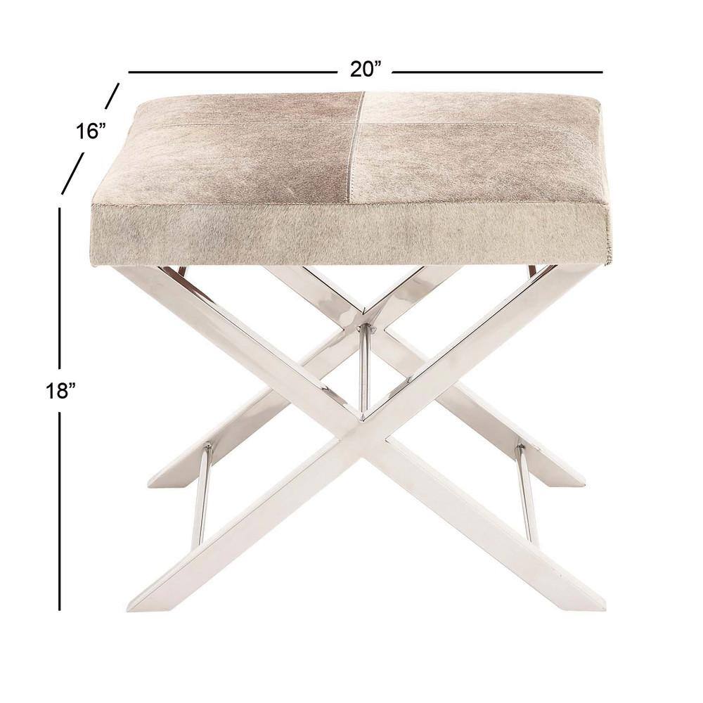 Gray Hair on Hide Leather and Stainless Steel X-Base Stool
