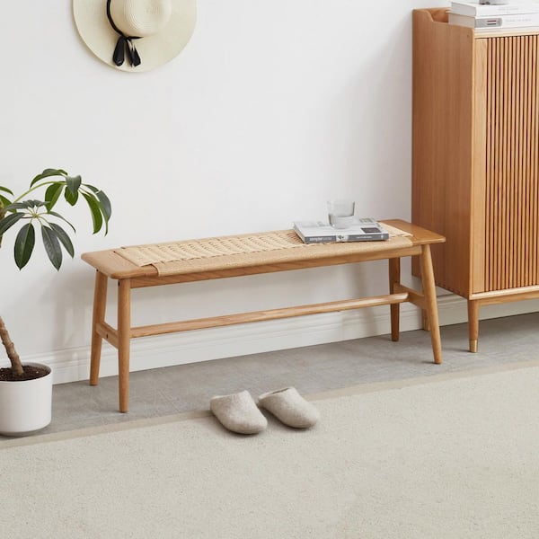 Harper & Bright Designs Natural Oak 100% Solid Wood Dining Bench with Woven Cane 47.24 in.