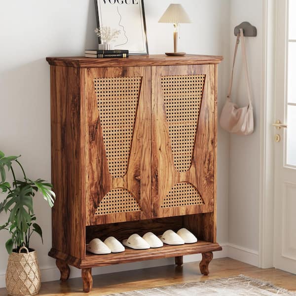Barnyatoh Shoe Storage Cabinet, Boho Shoe Organizer With 4 Flip Drawers & Rattan Design,Farmhouse Freestanding Hidden Slim Narrow Shoe Rack Cabinet For Entryway, Foyer,Hallway,Natural