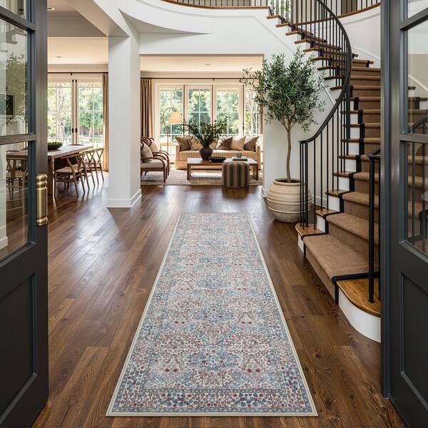 Boho Floral Botanical Washable Non Slip Beige 2 ft. x 6 ft. Runner Area Rug