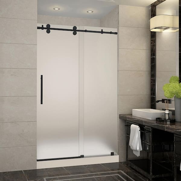 Aston Langham 48 in. x 36 in. x 77.5 in. Frameless Sliding Shower Door with Frosted Glass in Matte Black, Left Drain