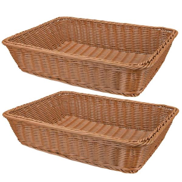 2-Pack Woven Bread Baskets, 15.7 x 11.4 in. Plastic Imitation Rattan Fruit Baskets, Food Serving Trays for Vegetables