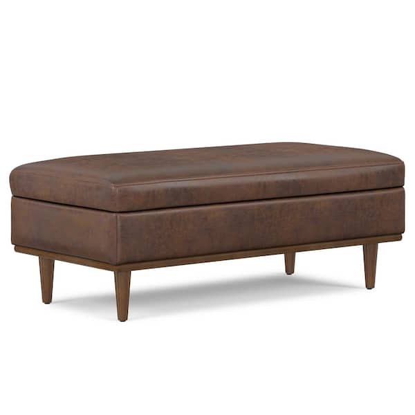 Simpli Home Shiloh 48 in. Wide Transitional Rectangular Storage Ottoman in Distressed Chestnut Brown Vegan Faux Leather