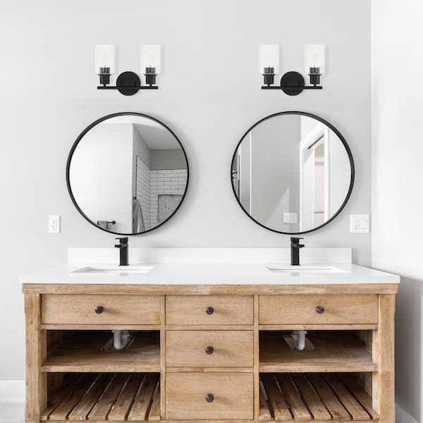 Cedar Lane 13 in. 2-Light Matte Black Modern Vanity Light with Clear and Etched Glass Shades