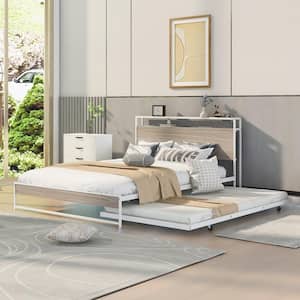 White Metal Frame Queen Platform Bed with Trundle Wooden Headboard USB Ports and Slat Support