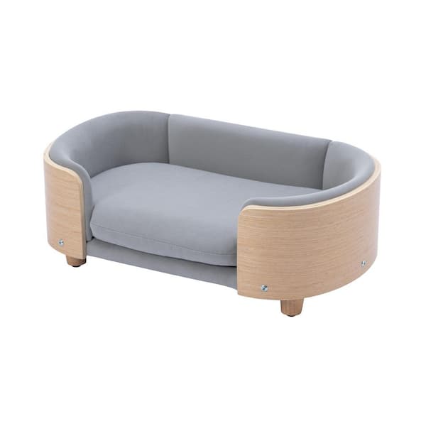 Unbranded Scandinavian style Elevated Dog Bed Pet Sofa With Solid Wood legs and Bent Wood Back Velvet Cushion in Light Gray