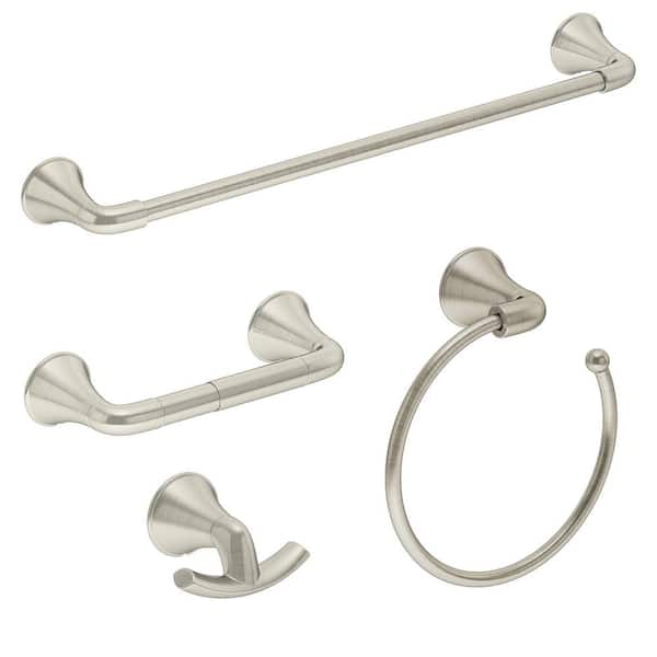 Symmons Elm 4-Piece Bath Hardware Set with Toilet Paper Holder, Towel Bar/ Rack, Towel/Robe Hook, Hand Towel Holder in Nickel 55AC4BUNDLESTN - The  Home Depot