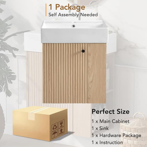 Modern 21.6 in. W Floating Bath Vanity in Wood Color with White Ceramic Top and Right Side Storage