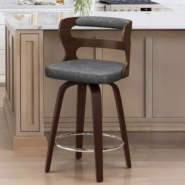 cozyman Arabela 26 in. Gray Solid Wood Swivel Bar Stool Faux Leather Kitchen Counter Stool with Walnut Frame