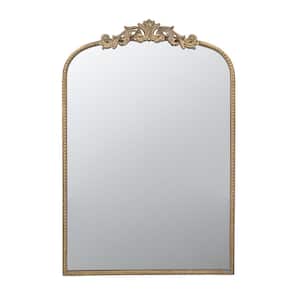 24 in. W x 36 in. H Arched Metal Framed Baroque Inspired Wall Decor Bathroom Vanity Mirror in Matte Gold