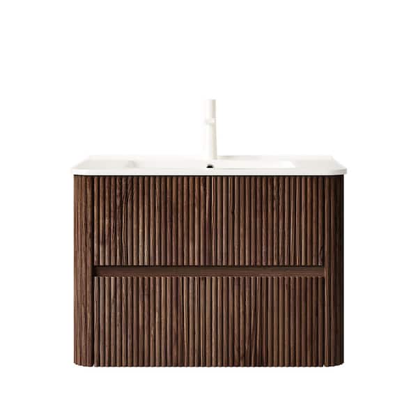 30 in. Floating Deep Walnut Bath Vanity with White Ceramic Top