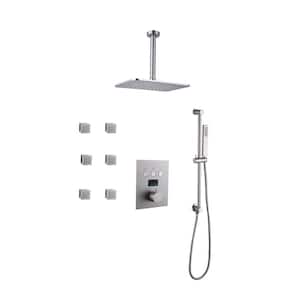 Thermostatic Single Handle 3-Spray Patterns Ceiling Mount Shower Faucet 5 GPM with Body Spray in Brushed Nickel