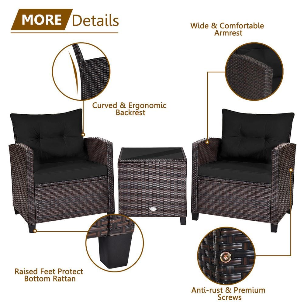 Black Cushioned 3-Piece Steel Frame Outdoor Conversation Set