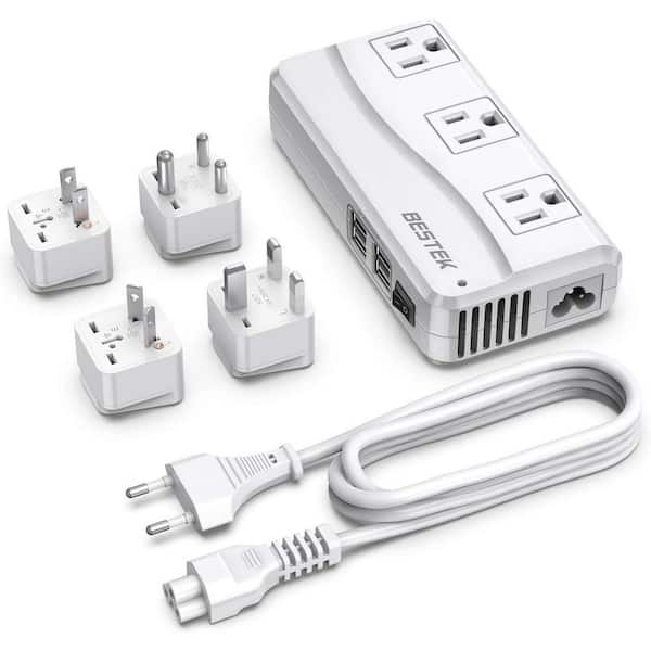 Lukyamzn Travel 2-to-3 Prong Adapter EU Plug Voltage Converter 100-220V to 110V with 3-Outlets, 4-USB Ports and 4 Socket in White
